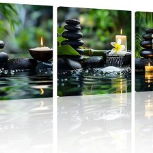 3 Panels Zen Wall Art Zen Pictures for Bathroom Spa Stone Green Bamboo White Frangipani Flower Pictures Print on Canvas for Home Office Kitchen Wall Decor Stretched and Framed 12x12inchx3